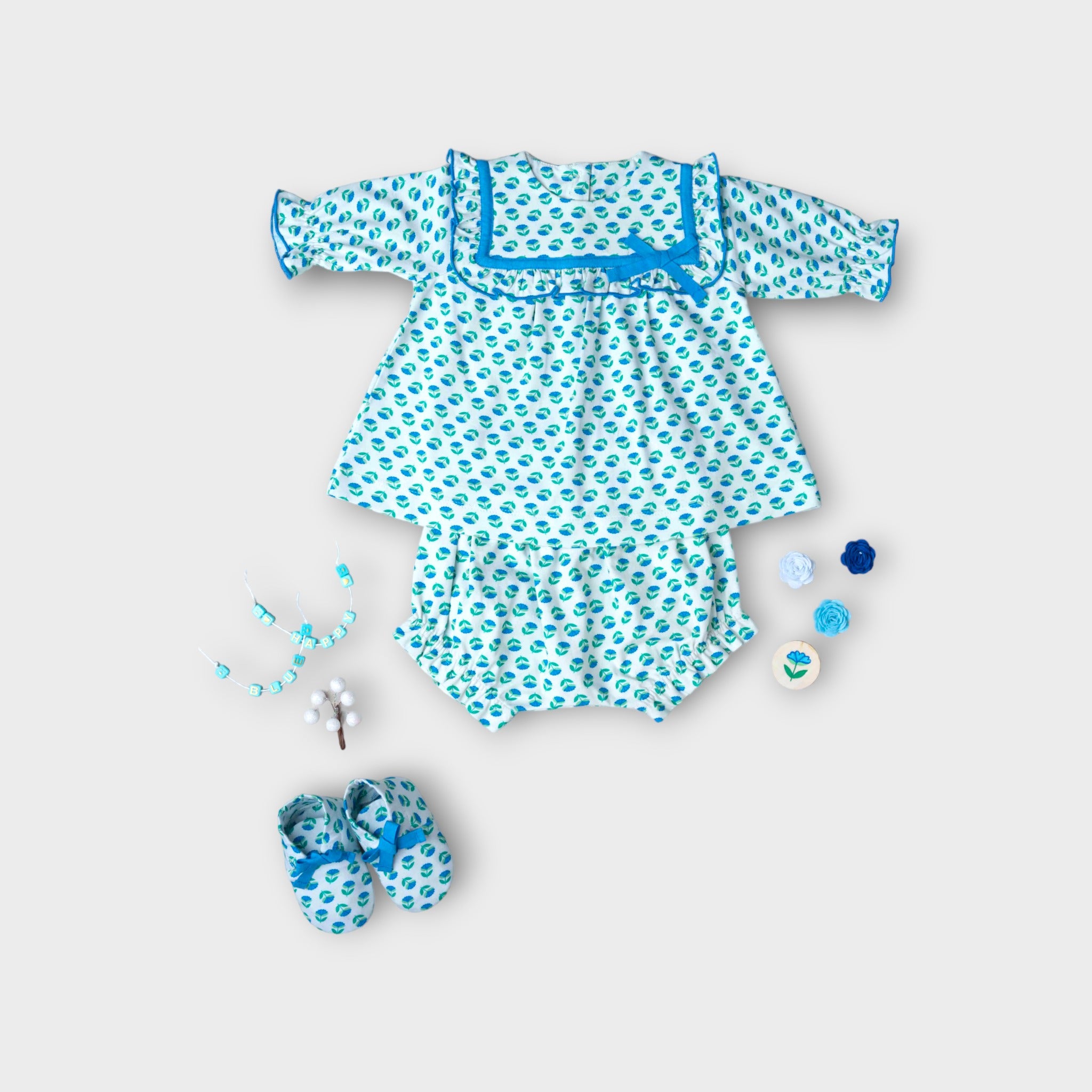 PRINTED LONG SLEEVE FRILL TOP WITH BLOOMER | BLOCK BLUE