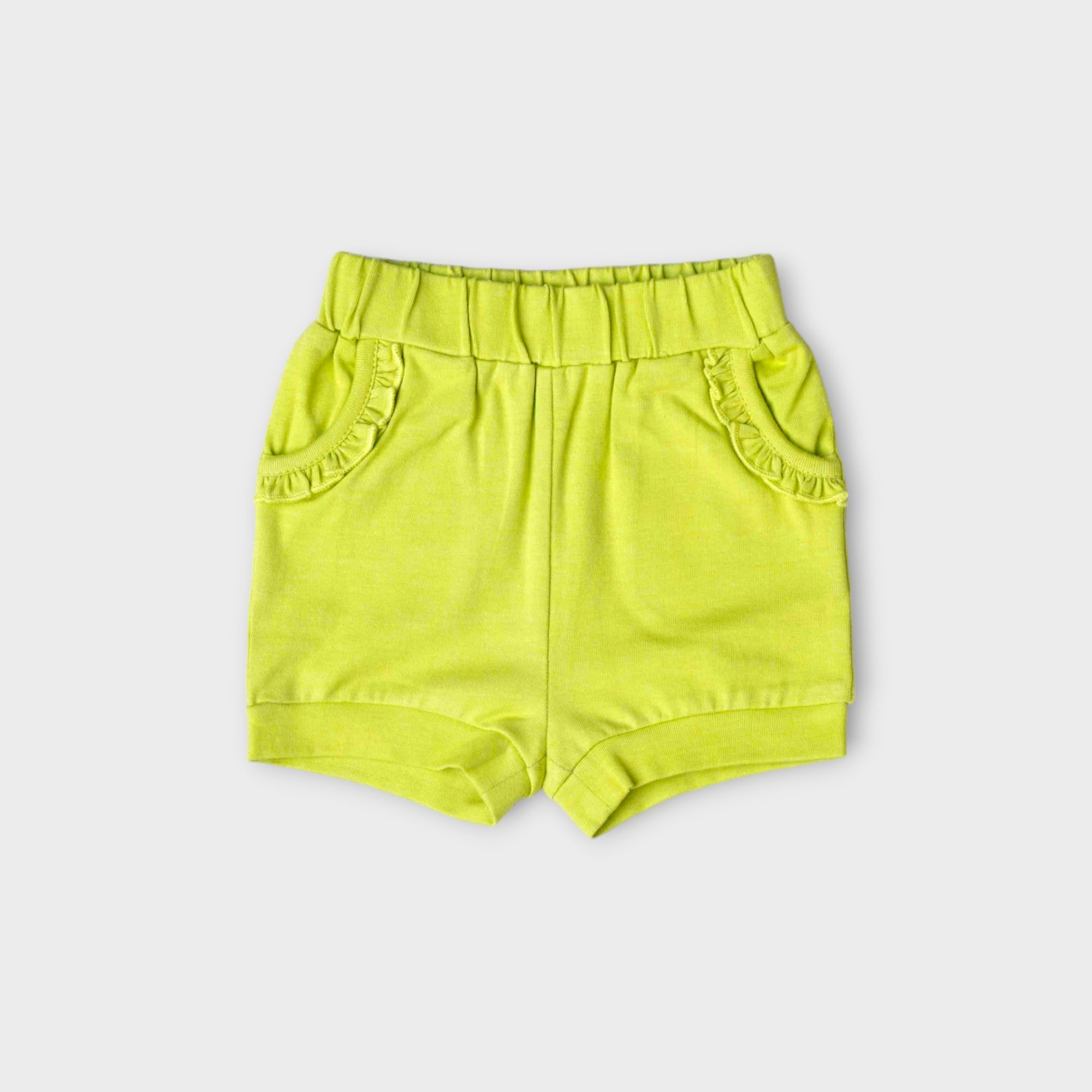 SPORTS SHORTS WITH ELASTIC WAISTBAND, SIDE POCKETS WITH FRILL | LIME