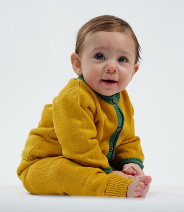 COTTON WOOL CARDIGAN WITH PLACKET  | MUSTARD