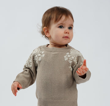 COTTON WOOL SWEATER WITH HAND EMBROIDERY | OXFORD TAN